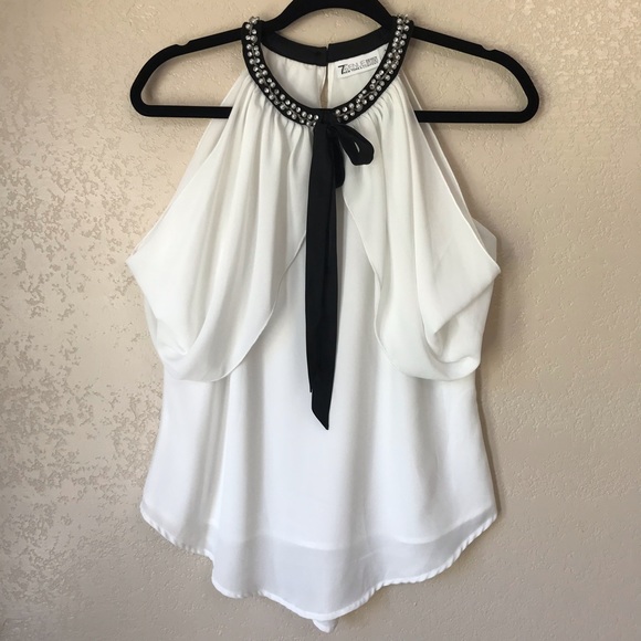 New York & Co. Women Beaded Ruffle Halter Top S - Picture 3 of 12